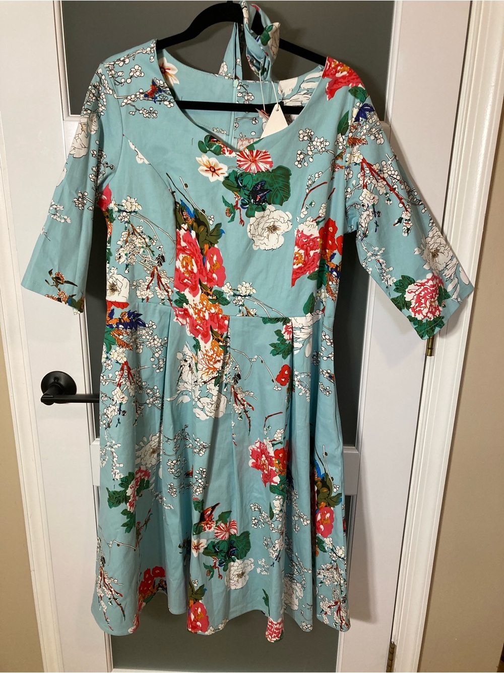 Aqua Floral Fit-and-Flare Dress with Elbow Sleeves - XXL - vintage vibes - NWT